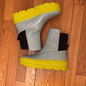 Fenty Light Blue Chelsea Boots with Neon Yellow Platform Sole